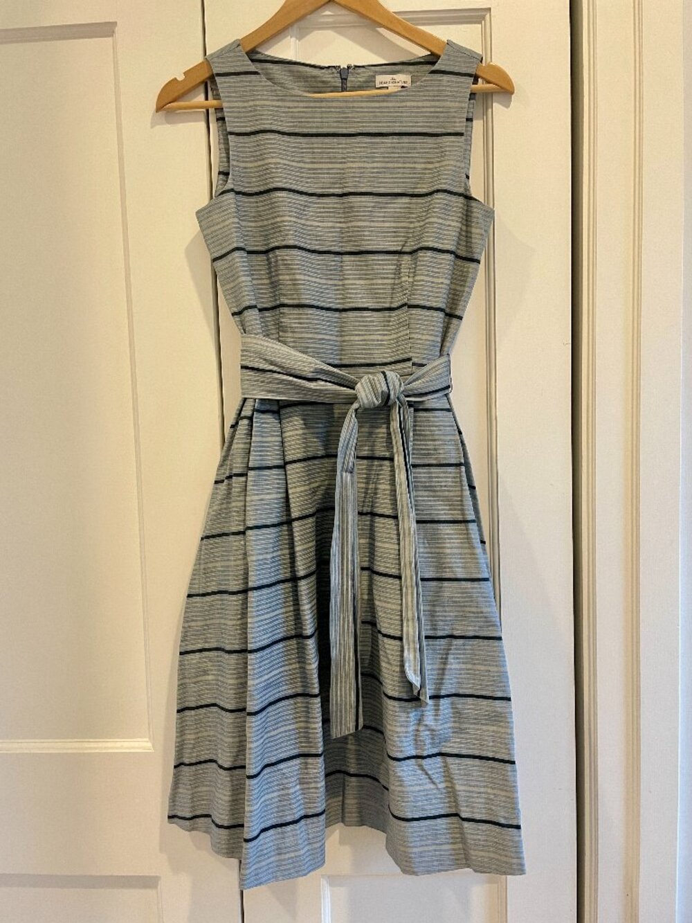 L.L. Bean Signature Dress - Blue Stripes, Retro, Belted, Sleeveless, Comfortable